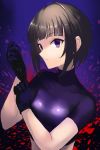  1girl ashita_(2010) bangs black_gloves black_hair black_shirt blunt_bangs bob_cut breasts cropped_shirt gloves idolmaster idolmaster_cinderella_girls looking_at_viewer purple_eyes shirayuki_chiyo shirt short_hair skin_tight small_breasts solo 