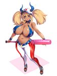  1girl baseball_bat baseball_cap bikini_top blonde_hair blue_eyes blush breasts commentary_request curvy dark_skin detached_collar hat highres horns huge_breasts lips long_hair mole mole_on_breast navel original pants sandals simple_background smile solo tight tight_pants toriseru_(thesuperhero) twintails white_background wristband 