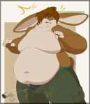  ! anthro belly big_belly blush brown_fur brown_hair buckteeth bulge button_pop clothed clothing fur hair hi_res lagomorph leporid male mammal moobs navel obese obese_male open_mouth open_pants overweight overweight_male rabbit solo surprise teeth topless white_fur yuniwolfsky 