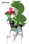  2019 3_fingers absurd_res anthro anthrofied bottomwear breasts butt butt_grab clothed clothing female gardevoir green_hair hair hair_over_eye hand_on_butt hat headgear headwear hi_res hilda_(pok&eacute;mon) humanoid looking_back lucyfercomic nintendo pok&eacute;mon pok&eacute;mon_(species) presenting presenting_hindquarters rear_view red_eyes shorts simple_background solo standing thick_thighs video_games white_skin 