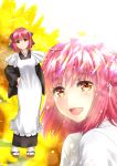  1girl apron bangs black_kimono blue_bow bow eyebrows_visible_through_hair full_body hair_bow hand_on_hip highres japanese_clothes kimono kohaku looking_at_viewer pink_hair sato-pon shiny shiny_hair short_hair smile solo standing tabi tsukihime upper_body white_apron white_legwear yellow_eyes 