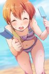  1girl :d ^_^ beach bikini blurry blurry_background blush closed_eyes day facing_viewer food highres holding holding_food hoshizora_rin incoming_food leaning_forward love_live! love_live!_school_idol_project navel open_mouth orange_hair outdoors popsicle sen_(sen0910) short_hair smile solo sweat swimsuit 