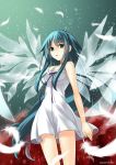  1girl blue_hair collarbone dress eyebrows_visible_through_hair floating_hair green_eyes highres long_hair looking_at_viewer neck_ribbon open_mouth purple_ribbon ribbon sato-pon saya saya_no_uta shiny shiny_hair short_dress sleeveless sleeveless_dress solo standing thigh_gap twitter_username very_long_hair white_dress white_feathers white_wings wings 