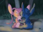  2016 4_toes alien angel_(lilo_and_stitch) antennae_(anatomy) back_markings blue_fur blue_nose chest_markings digital_drawing_(artwork) digital_media_(artwork) disney duo experiment_(species) eyes_closed female forest fur hand_holding hi_res kissing lilo_and_stitch male male/female markings night notched_ear occipital_markings outside penis pink_fur purple_nose pussy shinazuka sitting sketch small_tail smile stitch toes tree 
