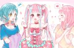  3girls :d aqua_hair bang_dream! bangs bare_shoulders blue_shirt blush bow bowtie breasts choker cleavage clenched_hands cosplay dress green_eyes hair_bow hana_kon_(17aaammm) hands_together hands_up heart highres hikawa_hina holding_clothes long_hair maruyama_aya maruyama_aya_(cosplay) multiple_girls musical_note off-shoulder_shirt off_shoulder open_mouth pareo_(bang_dream!) pink_bow pink_choker pink_dress pink_eyes pink_hair pink_neckwear shirt short_hair short_sleeves side_braids sidelocks smile sparkle spoken_heart spoken_musical_note strapless strapless_dress t-shirt upper_body white_bow wrist_bow yellow_shirt 