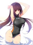  1girl arms_behind_head black_swimsuit breasts commentary_request competition_swimsuit covered_navel cowboy_shot fate/grand_order fate_(series) hair_intakes large_breasts long_hair looking_at_viewer namonashi one-piece_swimsuit parted_lips purple_hair red_eyes scathach_(fate)_(all) scathach_(fate/grand_order) simple_background soaking_feet solo standing swimsuit turtleneck wading water white_background 