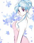  1girl blue_hair botan_(yuu_yuu_hakusho) breasts cleavage commentary_request flower looking_at_viewer purple_eyes short_hair solo towel yuu_yuu_hakusho 