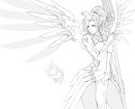  1girl armor bodysuit breasts chibi chibi_inset cowboy_shot cyborg emblem faulds forehead_protector genji_(overwatch) greyscale helmet high_ponytail highres holding holding_staff looking_to_the_side mechanical_halo mechanical_wings medium_breasts medium_hair mercy_(overwatch) monochrome mr4891102 overwatch pelvic_curtain simple_background sketch smile solo spread_wings staff white_background wings 