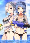  2girls alternate_hairstyle ass_visible_through_thighs bikini black_bikini blue_eyes blue_hair blue_sky blush breasts closed_mouth cloud collarbone cowboy_shot day double_bun hair_ornament hair_over_one_eye hairclip hamakaze_(kantai_collection) highres kantai_collection long_hair looking_at_viewer medium_breasts multiple_girls navel open_mouth outdoors plan_(planhaplalan) see-through shirt short_hair side-tie_bikini silver_hair simple_background skindentation sky smile soaking_feet standing swimsuit tied_hair twintails upper_body urakaze_(kantai_collection) water_gun wet wet_clothes wet_shirt wet_t-shirt white_background 