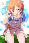  1girl :d blue_shirt blush bug butterfly center_frills collarbone commentary_request day hair_ornament hairpin highres holding hoshizora_rin insect kneeling lace-trimmed_sleeves looking_at_viewer love_live! love_live!_school_idol_project on_ground open_mouth orange_hair outdoors overall_shorts overalls red_ribbon ribbon sen_(sen0910) shirt short_hair short_sleeves smile socks solo striped vertical-striped_overalls vertical_stripes yellow_eyes yellow_legwear 