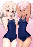  2girls ahoge arms_up blue_swimsuit breasts chloe_von_einzbern commentary_request covered_navel cowboy_shot dark_skin fate/kaleid_liner_prisma_illya fate_(series) gradient gradient_background highres illyasviel_von_einzbern long_hair looking_at_viewer multiple_girls new_school_swimsuit pink_background pink_hair red_eyes school_swimsuit small_breasts swimsuit tongue tongue_out twintails white_hair xiao_rui_rui yellow_eyes 