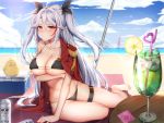 1girl absurdres aiguillette antenna_hair arm_support artist_name azur_lane bangs bare_arms bare_legs bare_shoulders barefoot beach beach_mat beer_can bikini bird black_bikini black_ribbon blue_sky breast_hold breasts can chick cleavage closed_mouth cloud cloudy_sky collarbone commentary_request condom_wrapper cooler crazy_straw cup dated day drinking_glass drinking_straw epaulettes food fringe_trim fruit hair_between_eyes hair_ribbon heart_straw highres horizon jacket jacket_on_shoulders large_breasts lemon lemon_slice light_rays long_hair looking_at_viewer manjuu_(azur_lane) multicolored_hair o_o ocean orange_eyes outdoors pout prinz_eugen_(azur_lane) prinz_eugen_(unfading_smile)_(azur_lane) red_hair red_jacket ribbon sand shade ship side-tie_bikini sidelocks silver_hair sitting skindentation sky solo streaked_hair sunbeam sunlight swimsuit table taitai thigh_strap tropical_drink two_side_up very_long_hair water watercraft yokozuwari 