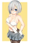  1girl blue_eyes blush bra breasts eyebrows_visible_through_hair hair_between_eyes hair_ornament hairclip hamakaze_(kantai_collection) kantai_collection large_breasts looking_at_viewer navel open_mouth pantyhose pleated_skirt short_hair silver_hair simple_background skirt solo toshishikisai underwear white_background yellow_background 