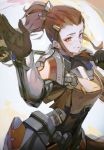  1girl arm_up armor blush brigitte_(overwatch) brown_eyes brown_hair commentary freckles gloves hair_ornament hairclip holding holding_weapon hong long_hair looking_at_viewer mace open_mouth over_shoulder overwatch ponytail sidelocks simple_background smile standing weapon weapon_over_shoulder white_background 