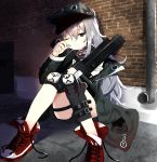  1girl against_wall assault_rifle bangs blush brick_wall brown_eyes chamnaitu commentary full_body g11_(girls_frontline) girls_frontline green_jacket gun h&amp;k_g11 hair_between_eyes hat highres holding holding_weapon jacket knee_pads long_hair looking_at_viewer open_clothes open_mouth outdoors red_footwear rifle rubbing_eyes shoelaces silver_hair sitting thigh_strap thighs very_long_hair weapon 