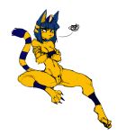  2018 animal_crossing ankha_(animal_crossing) annoyed anthro blue_fur blue_hair breasts claws cleavage clothed clothing color_edit colored crossed_arms domestic_cat edit egyptian_clothing felicity_longis felid feline felis female fur guoh hair hi_res mammal nintendo nude pussy simple_background sitting sketch solo striped_tail stripes uraeus video_games white_background yellow_fur 