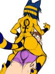  animal_crossing ankha_(animal_crossing) anthro blue_fur blue_hair breasts brown_hair bulge butt clothed clothing color_edit colored domestic_cat duo edit egyptian felicity_longis felid feline felis female fur guoh hair human human_on_anthro interspecies male male/female mammal nintendo nude simple_background sketch straddling sweat tattoo video_games villager_(animal_crossing) white_skin yellow_fur 