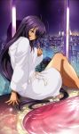  1girl absurdly_long_hair antenna_hair arm_support day grey_eyes hair_over_one_eye highres ikkitousen kan&#039;u_unchou long_hair looking_at_viewer outdoors purple_hair shiny shiny_hair shiny_skin sitting solo very_long_hair window 