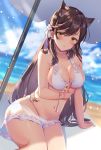  1girl :o alternate_costume animal_ears arm_support atago_(azur_lane) atago_(midsummer_march)_(azur_lane) azur_lane bangs beach_mat beach_umbrella bikini bikini_tug black_hair blue_sky blush breasts brown_eyes cleavage cloud commentary_request day extra_ears eyebrows_visible_through_hair flower hair_flower hair_ornament highres izumo_neru large_breasts long_hair looking_at_viewer mole mole_under_eye navel open_mouth outdoors ribbon sidelocks sitting skindentation sky solo swept_bangs swimsuit umbrella white_bikini 