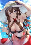  1girl armlet bangle bare_shoulders bikini black_bikini blue_eyes blue_sky blush bracelet breasts brown_hair choker cleavage collarbone day flower gold granblue_fantasy haido_(ryuuno_kanzume) hair_between_eyes hair_flower hair_ornament hand_up hat highres jewelry large_breasts leaning_forward long_hair looking_at_viewer navel outdoors rose rosetta_(granblue_fantasy) sky smile solo stomach sun_hat swimsuit thighs very_long_hair wading 