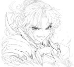  1girl armor breastplate commentary_request fate/apocrypha fate/grand_order fate_(series) grin highres imizu_(nitro_unknown) lineart looking_at_viewer monochrome mordred_(fate)_(all) short_hair short_ponytail shoulder_armor sidelocks sketch smile solo upper_body white_background 