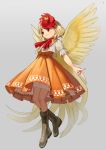  1girl animal animal_on_head bird blonde_hair boots chick dress feathered_wings floating full_body grey_background highres neck_ribbon niwatari_kutaka on_head orange_skirt red_eyes ribbon short_hair skirt solo suna_(s73d) touhou wings 