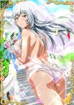  1girl aqua_eyes blush bouquet breasts bridal_veil card_(medium) chouun_shiryuu day dress embarrassed floating_hair flower hair_between_eyes highres holding holding_bouquet ikkitousen large_breasts long_hair looking_at_viewer outdoors panties pink_flower shiny shiny_hair shoulder_blades sideboob silver_hair solo sparkle stairs standing sunlight torn_clothes torn_dress underwear veil white_flower white_panties 
