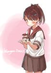  1girl blush brown_eyes brown_hair brown_skirt commentary_request food haagen-dazs hair_ribbon ice_cream kantai_collection matsutani ponytail ribbon sailor_collar school_uniform serafuku shikinami_(kantai_collection) short_ponytail short_sleeves simple_background skirt solo standing 