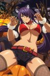  1girl absurdly_long_hair animal_ears antenna_hair belt belt_buckle black_hairband black_shorts bra breasts brown_legwear buckle cleavage collar fake_animal_ears fishnet_legwear fishnets floating_hair from_below grey_eyes hair_between_eyes hairband halloween halloween_costume highres ikkitousen kan&#039;u_unchou large_breasts long_hair looking_at_viewer navel night outdoors purple_hair red_belt red_bra shiny shiny_hair short_shorts short_sleeves shorts sideboob sitting smile solo tail thighhighs torn_clothes torn_shorts underboob underwear very_long_hair werewolf wolf_ears wolf_tail wrist_cuffs zettai_ryouiki 