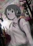  1girl 9so_(ponchon) asymmetrical_hair backpack bag brown_hair expressionless greyscale hair_ornament hairclip highres iwakura_lain looking_at_viewer monochrome neck_ribbon outdoors power_lines ribbon serial_experiments_lain short_hair sleeveless solo upper_body 