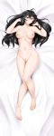  1girl absurdres ahoge alfred_cullado banned_artist barefoot bed_sheet black_hair blush breasts collarbone from_above full_body hair_between_eyes hands_in_hair highres incredibly_absurdres large_breasts long_hair looking_at_viewer lying navel nipples nude on_back on_bed paid_reward patreon_reward pubic_hair pussy raven_branwen red_eyes rwby shiny shiny_hair shiny_skin smile solo very_long_hair 