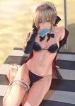  1girl adjusting_hair arm_support artoria_pendragon_(all) artoria_pendragon_(swimsuit_rider_alter) bangs beach_mat beach_umbrella bikini black_bikini blonde_hair breasts day fate/grand_order fate_(series) feet food frills highres jacket looking_at_viewer maid_bikini maid_headdress medium_breasts mouth_hold mugetsu2501 navel open_clothes outdoors popsicle ribbon saber_alter shade sidelocks sitting skindentation solo swimsuit thighs toes umbrella yellow_eyes yokozuwari 