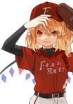  1girl 4 adjusting_clothes adjusting_hat alternate_costume alternate_headwear arms_up bangs baseball_cap baseball_jersey baseball_mitt baseball_uniform black_shirt blonde_hair clothes_writing commentary_request cowboy_shot crystal eyebrows_visible_through_hair fang flandre_scarlet gotoh510 hair_between_eyes hat highres long_sleeves looking_at_viewer number one_side_up pants parted_lips pointy_ears red_eyes red_shirt shirt short_hair simple_background smile solo sportswear touhou v-shaped_eyebrows white_background white_pants wings 