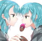  2girls aqua_hair aqua_nails bang_dream! bangs black_shirt doughnut face-to-face food food_in_mouth green_eyes hana_kon_(17aaammm) highres hikawa_hina hikawa_sayo holding holding_food long_hair looking_at_another mouth_hold multiple_girls nail_polish shirt short_hair siblings side_braids simple_background sisters twins upper_body white_background 