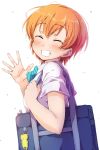  1girl ^_^ bag bag_charm blue_neckwear bow bowtie charm_(object) closed_eyes collared_shirt commentary_request facing_viewer from_side grin hand_up highres holding_strap hoshizora_rin love_live! love_live!_school_idol_project orange_hair otonokizaka_school_uniform school_bag school_uniform sen_(sen0910) shirt short_hair short_sleeves smile solo striped striped_neckwear upper_body waving white_background white_shirt 