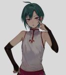  ahoge akanbe androgynous bare_shoulders chinese_clothes earrings green_hair hand_on_hip jewelry konbu_wakame nijisanji open_mouth purple_eyes ryuushen short_hair tongue tongue_out virtual_youtuber 