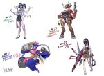  4girls animal_ears animal_print bandaged_leg bandages bangs bare_shoulders barefoot bell bell_collar black_footwear black_hair black_skirt blonde_hair blood blood_stain blue_eyes blue_hair blue_skin blush_stickers book bow breasts capcom cape chain chainsaw chaps chinese_clothes claws cleavage cleavage_cutout collar cow_bell cow_ears cow_girl cow_horns cow_print cow_tail cowboy cowboy_hat crazy_eyes crazy_smile crossed_arms cuffs english_text evil_smile face flipped_hair fringe_trim gloves green_hair green_sweater grin gun hair_between_eyes hair_ornament hair_over_one_eye hairclip handgun hat high_heels highres holding holding_book holding_gun holding_marker holding_pen holding_weapon holster hook hooves horns huge_breasts jiangshi knife labcoat lei_lei long_hair long_sleeves medium_breasts minotaur multiple_arms multiple_girls multiple_heads ofuda one_eye_covered open_mouth original overalls pen pink_footwear pun rags red_eyes red_neckwear ribbed_sweater ryuusei_(mark_ii) saw scar shackles short_hair simple_background skirt sleeves_past_fingers sleeves_past_wrists sleeves_rolled_up smile spiked_ball sweater swiss_army_knife tail teeth torn_clothes vampire_(game) weapon western white_background wide-eyed wide_sleeves yellow_eyes zombie 