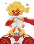  2019 absurd_res anthro breasts castform digital_media_(artwork) female hi_res juzztie looking_at_viewer nintendo nipples pok&eacute;mon pok&eacute;mon_(species) simple_background solo sunny_castform video_games 