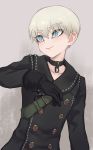  1boy bangs black_choker black_gloves blue_eyes buttons choker closed_mouth collarbone double-breasted eyebrows_visible_through_hair eyes_visible_through_hair gloves hair_between_eyes jtveemo long_sleeves nier_(series) nier_automata short_hair silver_hair smile solo yorha_no._9_type_s 