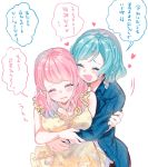  2girls :d ^_^ aqua_hair bang_dream! bangs blue_shirt blush breasts closed_eyes dress frilled_shirt_collar frills hana_kon_(17aaammm) heart highres hikawa_hina hug hug_from_behind long_hair long_sleeves maruyama_aya medium_breasts multiple_girls open_mouth pink_hair shirt short_hair side_braids simple_background sleeveless sleeveless_dress smile tears translation_request white_background yellow_dress yuri 