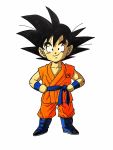  1boy black_eyes black_hair blue_footwear boots clenched_hands clothes_writing commentary_request dougi dragon_ball dragon_ball_super dragon_ball_z_fukkatsu_no_f full_body hands_on_hips highres lee_(dragon_garou) looking_at_viewer male_focus shaded_face simple_background smile son_gokuu spiked_hair standing white_background wristband 