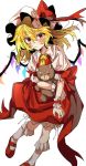  1girl ascot blonde_hair bow commentary_request flandre_scarlet hat hat_bow hat_ribbon highres long_hair looking_at_viewer manarou mob_cap puffy_short_sleeves puffy_sleeves red_bow red_eyes red_ribbon red_skirt ribbon short_sleeves skirt solo stuffed_animal stuffed_toy teddy_bear touhou white_background white_legwear wings wrist_cuffs 