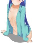  1girl :o arm_support blue_hair blue_jacket blush bokutachi_wa_benkyou_ga_dekinai breasts brown_eyes collarbone commentary_request furuhashi_fumino groin head_out_of_frame hinata_masaki jacket leaning_forward long_hair long_sleeves looking_at_viewer mole mole_under_eye naked_coat navel open_clothes open_jacket parted_lips sleeves_past_wrists small_breasts solo very_long_hair white_background 