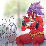  abs breasts eating ezzyecchi large_breasts muscle muscular_female oni purple_hair red_skin size_difference tall_female 
