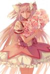  1girl bouquet bubble_skirt choker cowboy_shot flower frilled_skirt frilled_sleeves frills hair_ribbon highres holding holding_bouquet holding_flower kaname_madoka long_hair looking_at_viewer mahou_shoujo_madoka_magica pink_flower pink_hair pink_ribbon pink_rose pink_theme puffy_short_sleeves puffy_sleeves red_neckwear ribbon rose shaded_face short_sleeves short_twintails simple_background skirt smile solo sparkle standing thighs twintails ultimate_madoka very_long_hair white_background white_ribbon wttwj yellow_eyes 