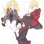  3girls blonde_hair blue_eyes bright_pupils brown_eyes brown_hair cup darjeeling eyebrows_visible_through_hair girls_und_panzer green_eyes kay_(girls_und_panzer) kuromorimine_military_uniform long_hair mituki_(mitukiiro) multiple_girls nishizumi_maho saunders_school_uniform school_uniform short_hair smile st._gloriana&#039;s_military_uniform teacup thighhighs white_background white_pupils 