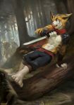  2019 anthro athletic black_stripes chasing chunie clothed clothing detailed_background digital_media_(artwork) domestic_cat felid feline felis forest fur glowing glowing_eyes green_eyes group hi_res male mammal melee_weapon navel open_mouth orange_fur solo_focus stripes sword topless tree vaulting weapon white_fur 