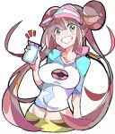  /\/\/\ 1girl blue_eyes brown_hair cellphone cropped_torso double_bun enpe long_hair mei_(pokemon) midriff navel phone pokemon pokemon_(game) pokemon_bw2 pokemon_masters raglan_sleeves shorts simple_background smartphone smile twintails very_long_hair visor_cap white_background yellow_shorts 