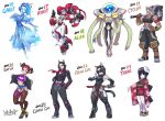  6+girls alien android animal_ear_fluff animal_ears bandaid_on_arm bangs biker_clothes bikesuit black_hair blue_capelet blue_corset blue_eyes blue_hair blue_sclera blue_skirt blush_stickers bodysuit boots bra breasts broken_horn brown_hair capelet cat_ears cat_girl cat_tail cleavage cleavage_cutout closed_eyes closed_mouth crossed_legs cyclops dark_skin dog_ears dog_girl dog_tail english_text fishnets floral_print furry galaxy ghost gloves glowing glowing_eye glowing_eyes glowing_mouth goat_horns goat_legs green_eyes halter_top halterneck hammer hand_seal headgear heart_cutout helmet highres hime_cut hooves horns humanoid_robot jacket japanese_clothes jewelry kimono large_breasts mask mask_on_head mechanical_arms mechanical_legs medium_hair multiple_girls muscle muscular_female ninja noh_mask obi one-eyed one_eye_covered open_mouth original over_shoulder overalls pilot_suit pointy_ears ponytail power_suit red_hair ring robot robot_joints ryuusei_(mark_ii) salute sash satyr scarf see-through short_hair short_kimono short_shorts short_sword shorts simple_background single_earring skeleton skirt smile snout spacesuit star sword tail thigh_strap thong training_bra two-finger_salute underwear waving weapon weapon_over_shoulder white_background wide_sleeves youkai yukata 