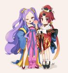  2girls :&gt; ;d apron azu_(kirara310) bangs benienma_(fate/grand_order) black_footwear blush_stickers bobby_socks brown_background brown_hair chinese_clothes collarbone commentary_request dress eyebrows_visible_through_hair fang fate/grand_order fate_(series) food frilled_dress frills fruit gradient_hair hair_ornament hair_scrunchie hand_on_hip hanfu holding holding_food japanese_clothes kimono long_hair long_sleeves low_ponytail multicolored_hair multiple_girls one_eye_closed onigiri open_clothes open_mouth parted_bangs peach pelvic_curtain pink_dress platform_footwear ponytail purple_footwear purple_hair red_eyes red_hair red_kimono scrunchie shadow shoes short_kimono signature smile socks standing strapless strapless_dress twintails v-shaped_eyebrows very_long_hair white_apron white_legwear wide_sleeves wu_zetian_(fate/grand_order) yellow_scrunchie 
